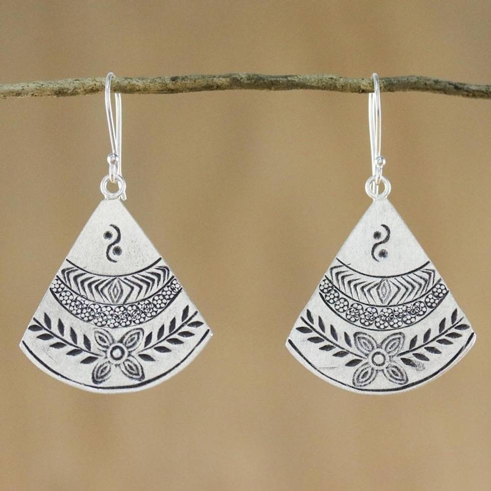 Thai Hill Tribe Style Silver Dangle Earrings 'Hill Tribe Fans'