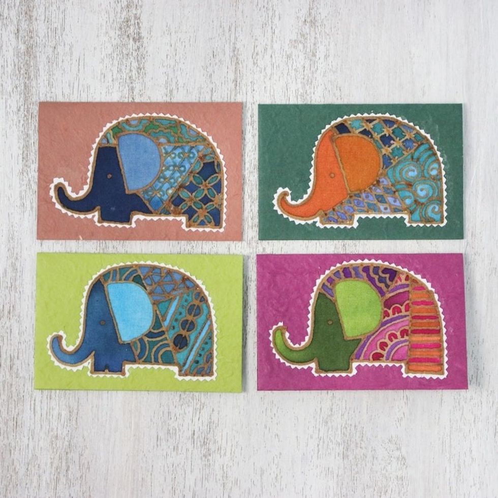Handcrafted Batik Elephant Greeting Cards Set of 4 'Elephant Salutations'