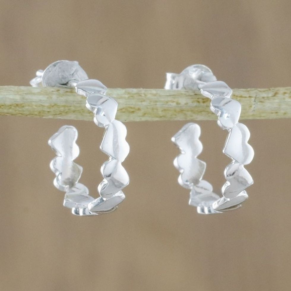 Sterling Silver Heart Half-Hoop Earrings from Thailand 'Heart Reflection'