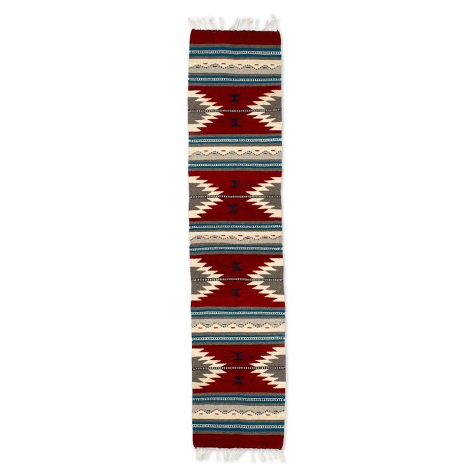 Artisan-Made Geometric Zapotec Wool Table Runner in Maroon 'Maroon Thunders'