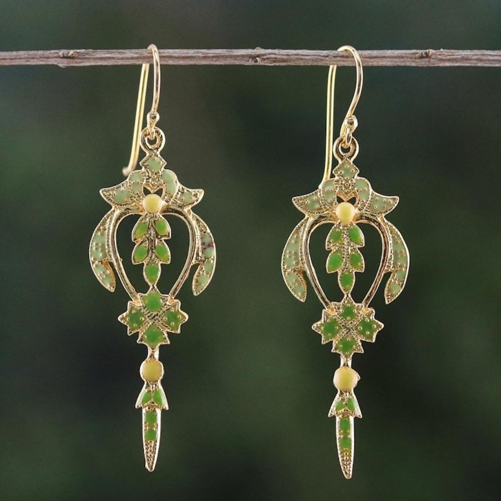 Gold Plated Brass Earrings in Green from Thailand 'Proud Beauty in Green'