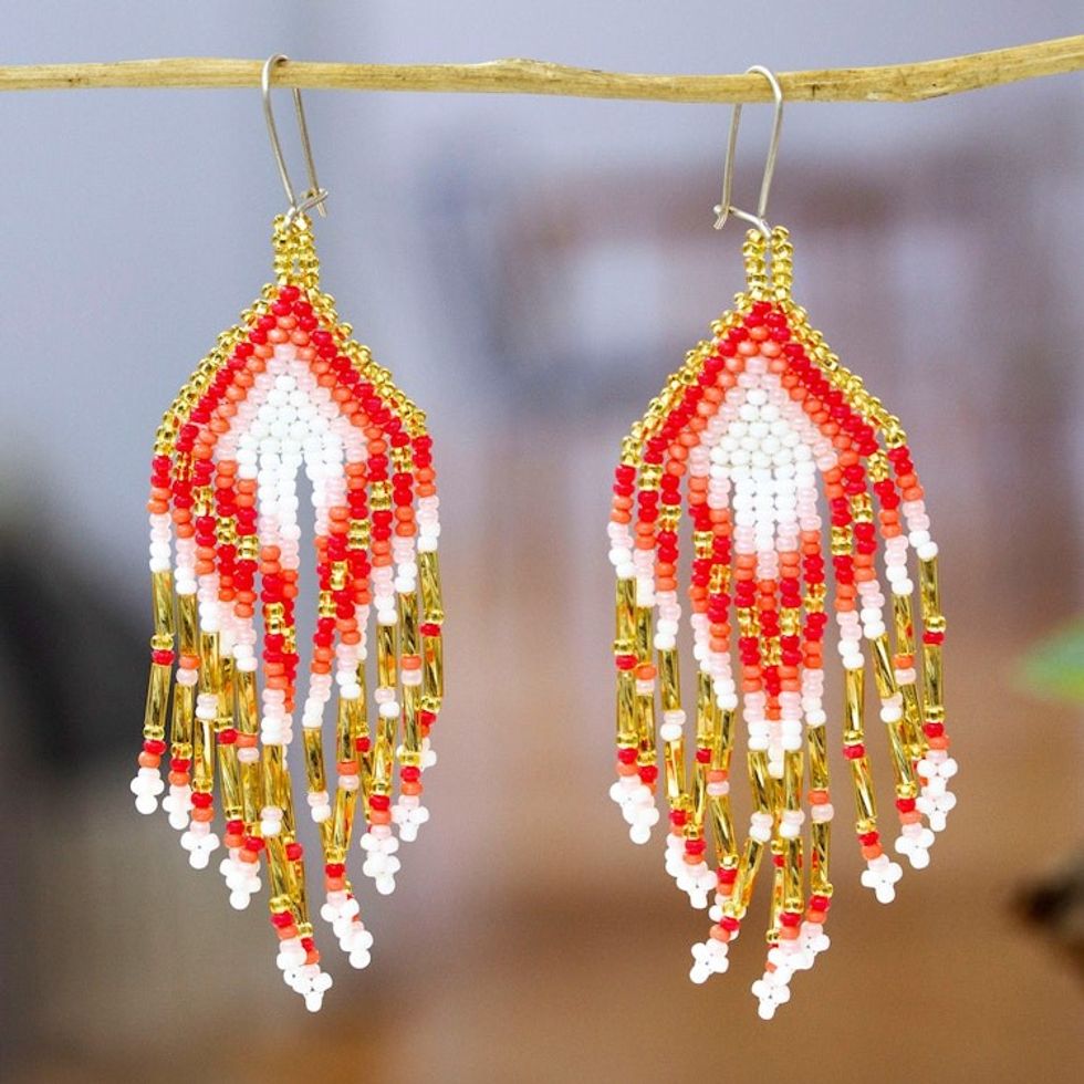 Glass Beaded Waterfall Earrings in Red and Ivory Colors 'Glorious Waterfall'