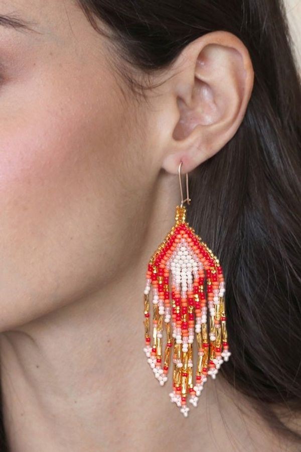 Alternate image for Glass Beaded Waterfall Earrings in Red and Ivory Colors Glorious Waterfall