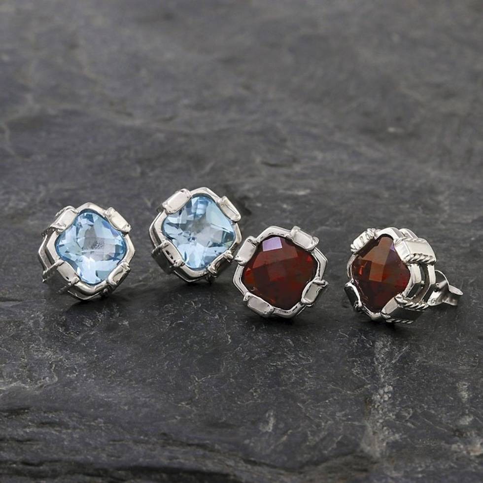 Rhodium Plated Garnet Button Earrings from Thailand 'Everyday Glitz'