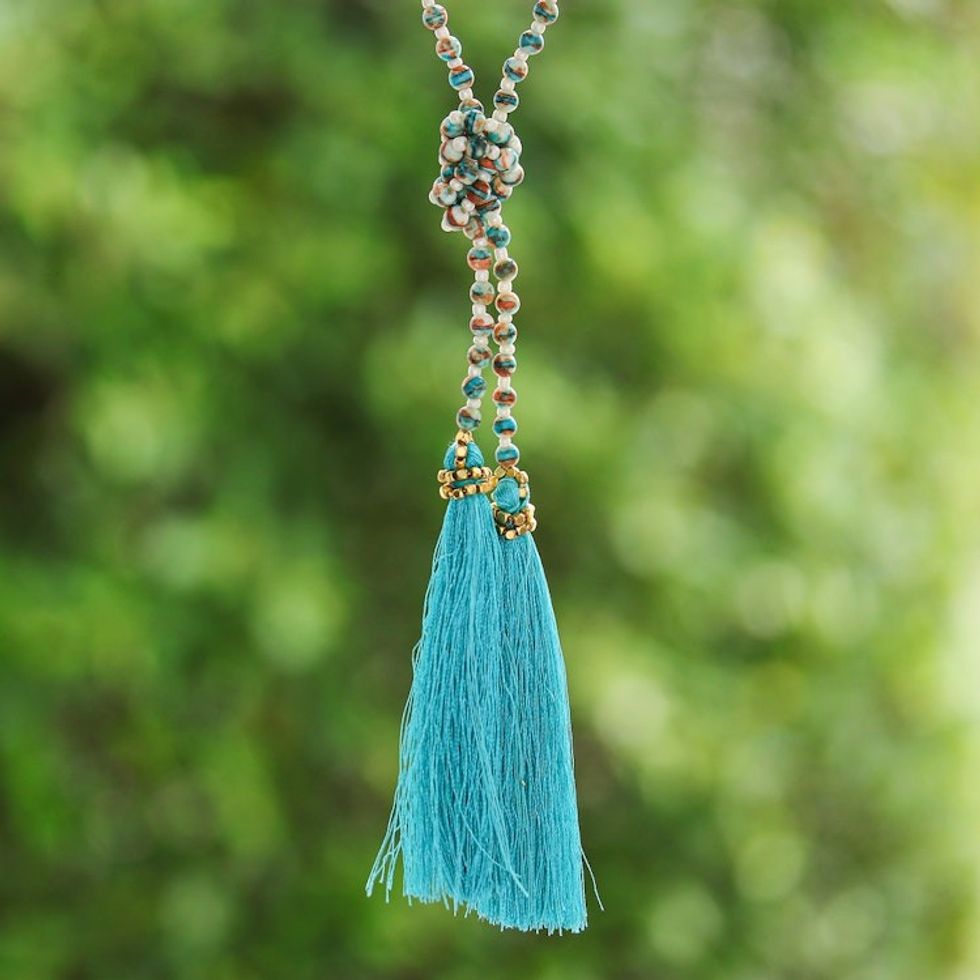 Colorful Glass Beaded Lariat Necklace from Thailand 'Festive Holiday in Blue-Green'