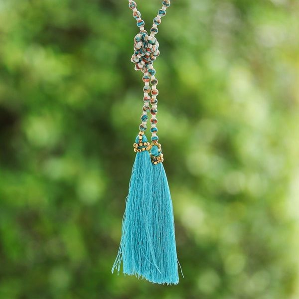 Alternate image for Colorful Glass Beaded Lariat Necklace from Thailand Festive Holiday in Blue-Green