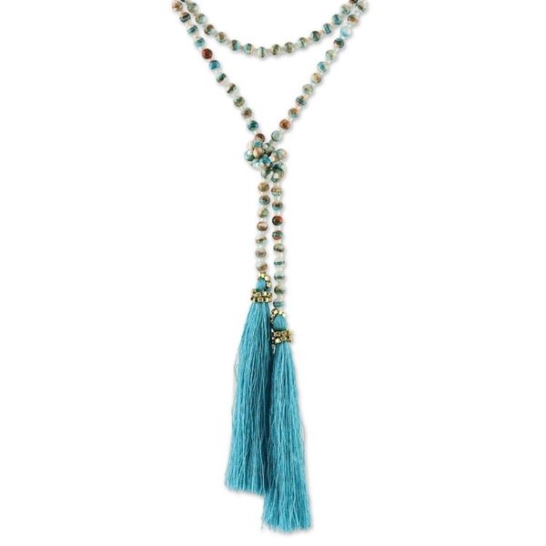 Alternate image for Colorful Glass Beaded Lariat Necklace from Thailand Festive Holiday in Blue-Green
