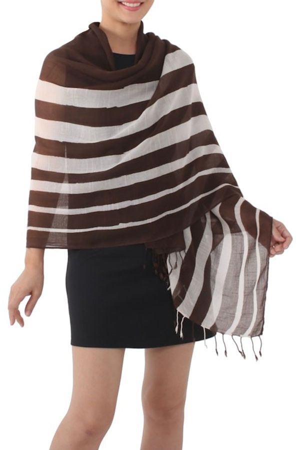 Alternate image for Handwoven Striped Cotton Shawl in Espresso from Thailand Cool Stripes in Espresso