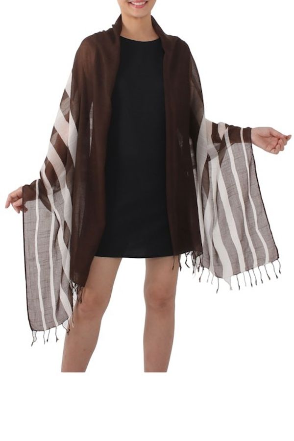 Alternate image for Handwoven Striped Cotton Shawl in Espresso from Thailand Cool Stripes in Espresso