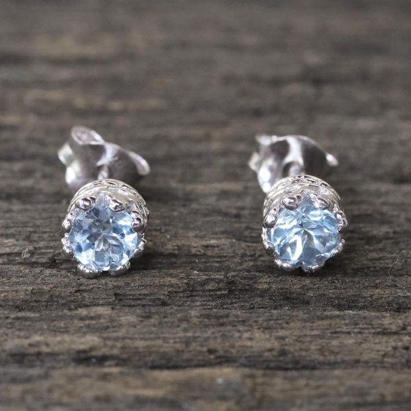 Alternate image for Rhodium Plated Blue Topaz Stud Earrings from Thailand Brilliant Splendor