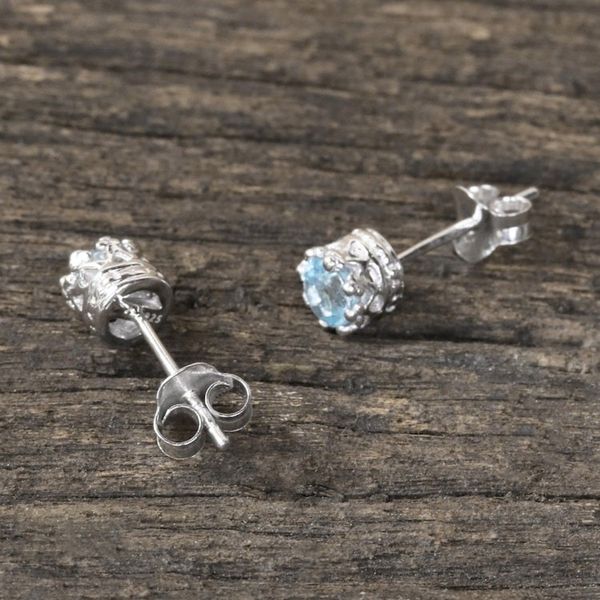 Alternate image for Rhodium Plated Blue Topaz Stud Earrings from Thailand Brilliant Splendor