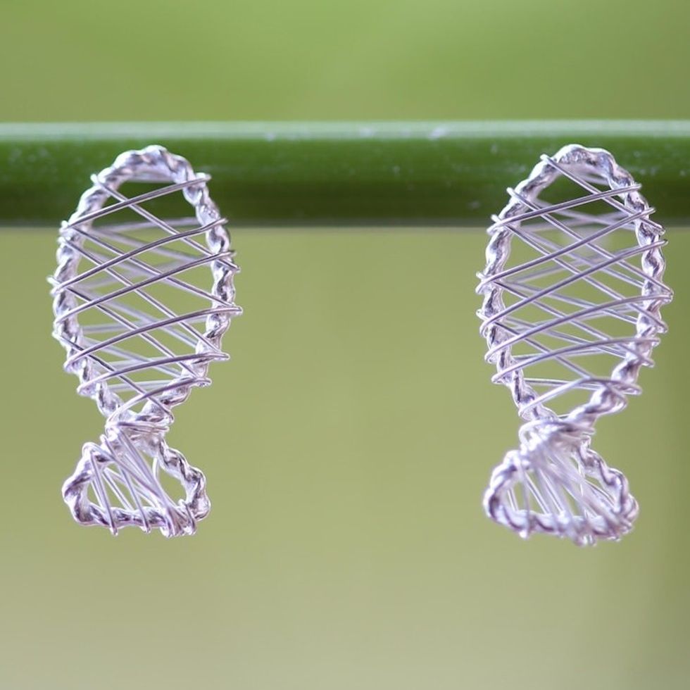 Thai Artisan Crafted Sterling Silver Fish Drop Earrings 'Fish Wrap'