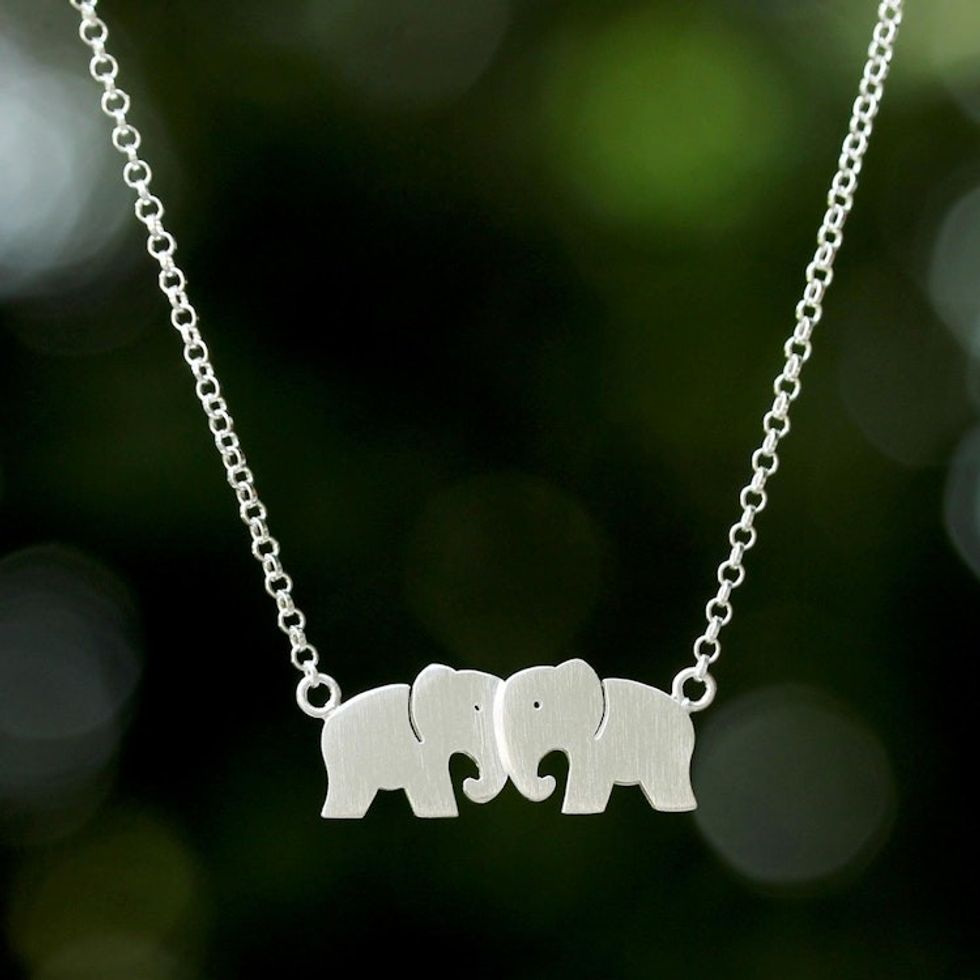 Thai Sterling Silver Elephant Pendant Rolo Chain Necklace 'Elephant Twins'