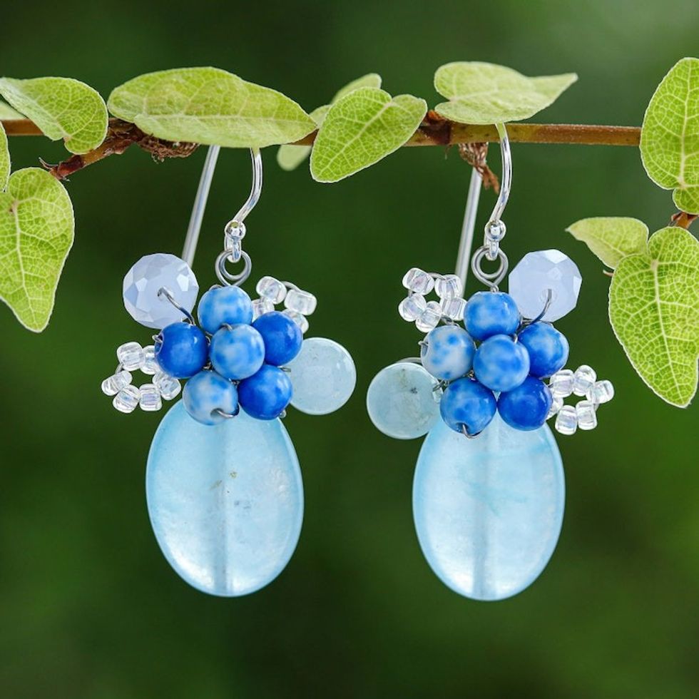 Quartz and Glass Bead Dangle Earrings from Thailand 'Dreamy Cluster in Blue'