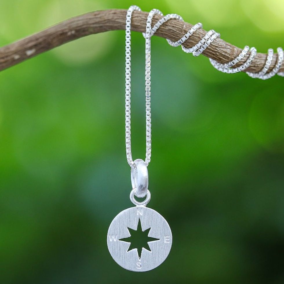 Sterling Silver Compass Pendant Necklace from Thailand 'Gleaming Compass'