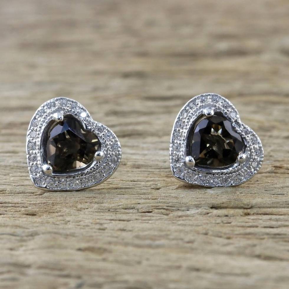 Smoky Quartz and Cubic Zirconia Heart Shaped Stud Earrings 'Sparkling Hearts'
