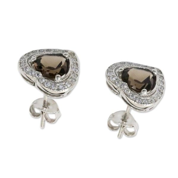 Alternate image for Smoky Quartz and Cubic Zirconia Heart Shaped Stud Earrings Sparkling Hearts