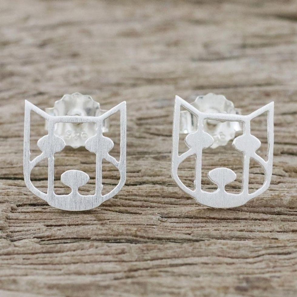 Handmade 925 Sterling Silver Stud Earrings Dog Face Thailand 'Hair of the Dog'
