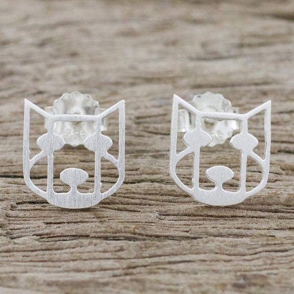Alternate image for Handmade 925 Sterling Silver Stud Earrings Dog Face Thailand Hair of the Dog