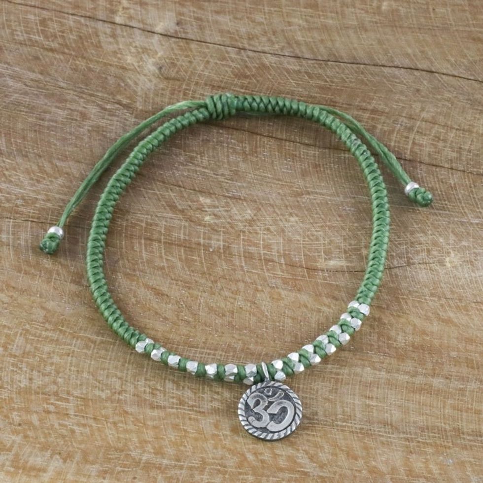 Silver Om Charm Bracelet on Braided Green Cords 'Ancient Om in Green'