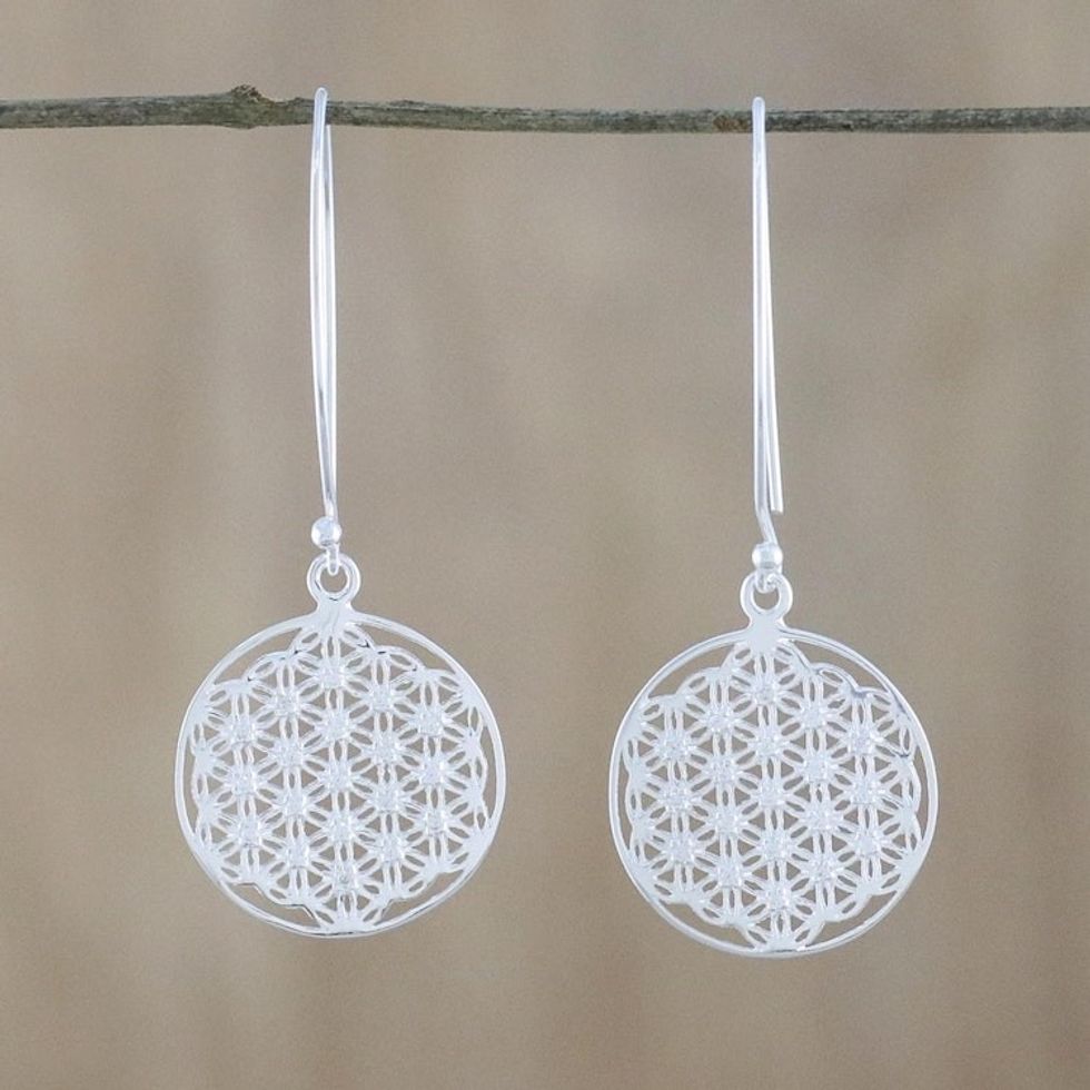 Thai Sterling Silver and Cubic Zirconia Dangle Earrings 'Fractal Circle'