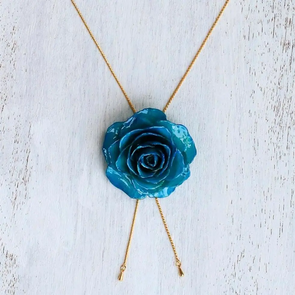 24k Gold Plated Blue Rose Statement Necklace from Thailand 'Garden Rose in Blue'