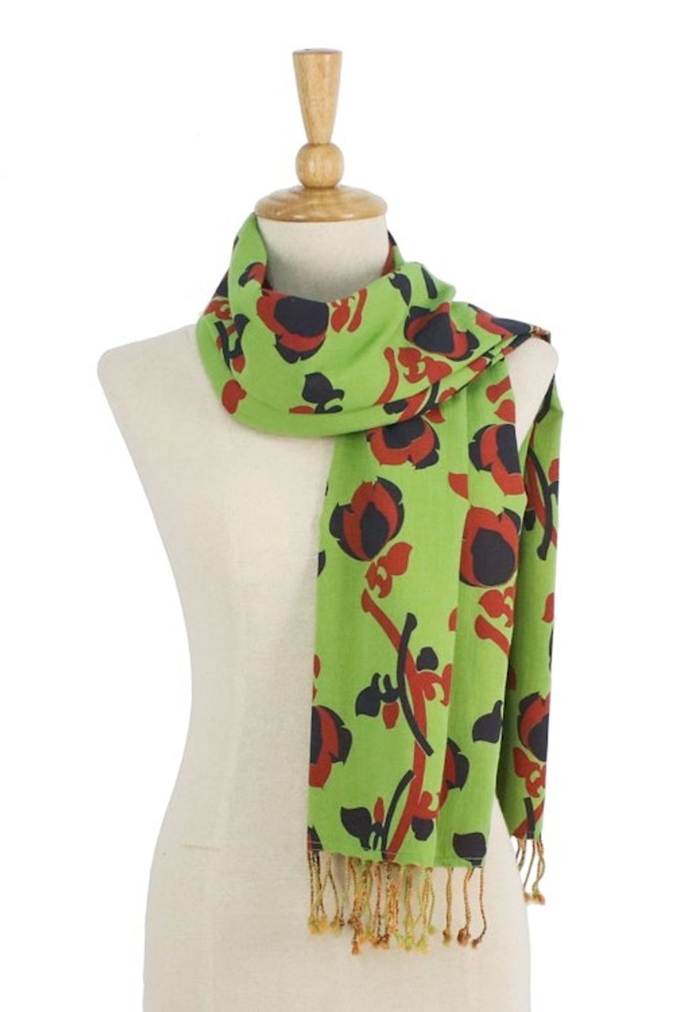 Green and Orange Cotton Floral Scarf Handmade in Thailand 'Radiant Garden'