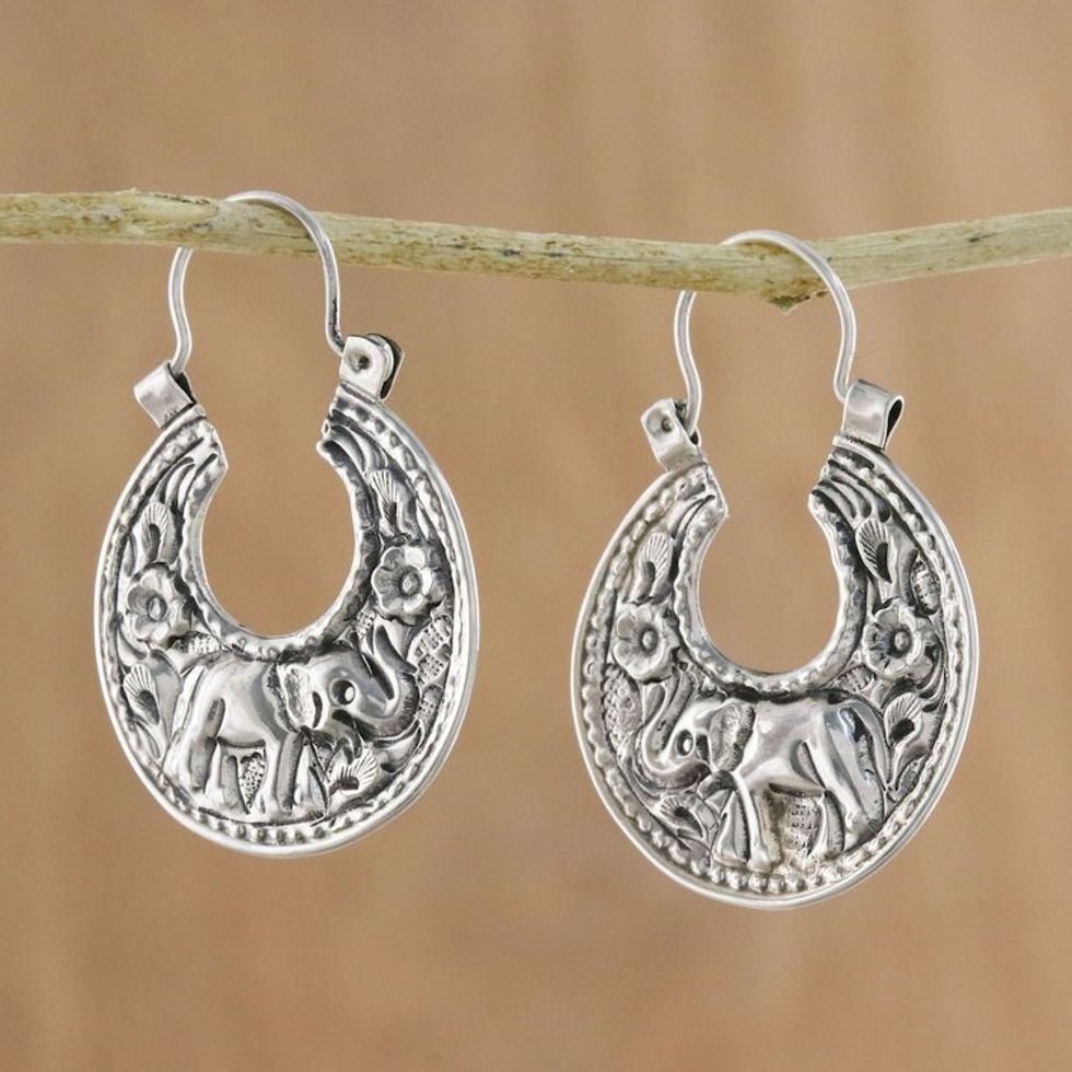 Elephant-Themed Sterling Silver Hoop Earrings from Thailand 'Lanna Elephant'