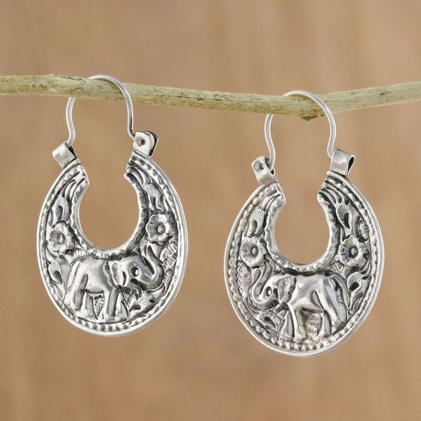 Alternate image for Elephant-Themed Sterling Silver Hoop Earrings from Thailand Lanna Elephant
