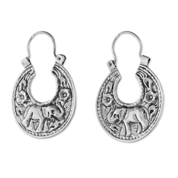 Alternate image for Elephant-Themed Sterling Silver Hoop Earrings from Thailand Lanna Elephant
