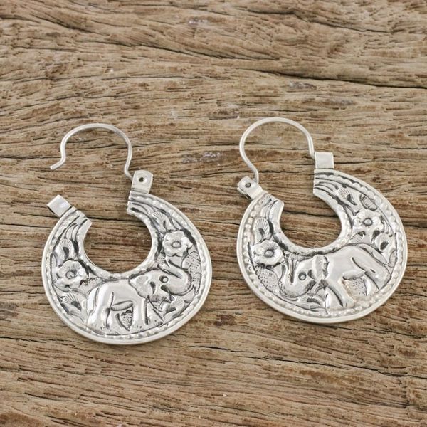 Alternate image for Elephant-Themed Sterling Silver Hoop Earrings from Thailand Lanna Elephant