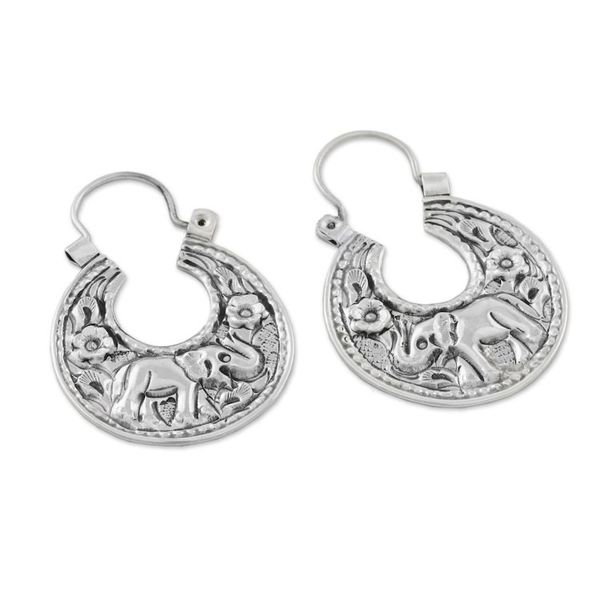 Alternate image for Elephant-Themed Sterling Silver Hoop Earrings from Thailand Lanna Elephant