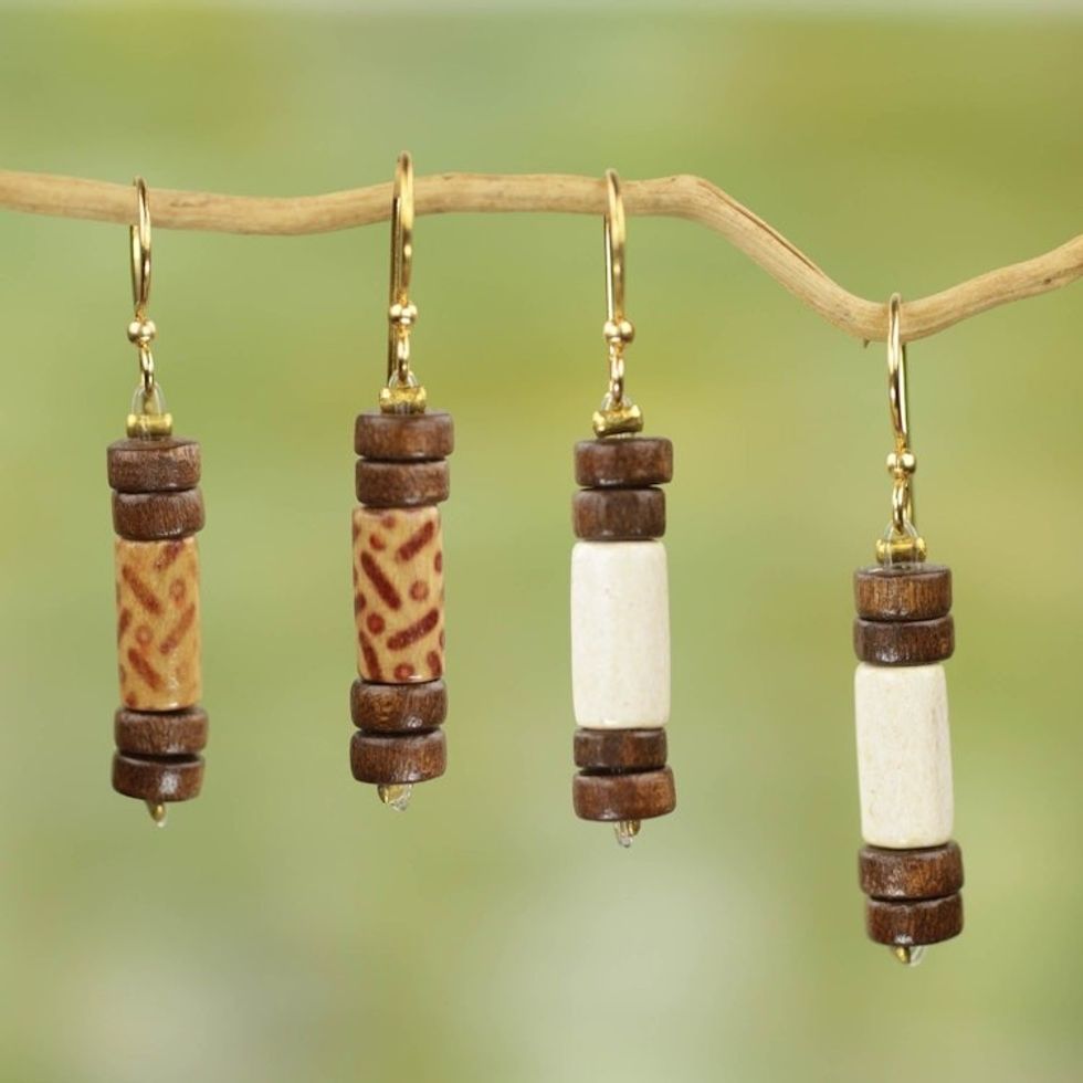 Artisan Crafted Wood Beaded Dangle Earrings 2 Pairs 'Natural Simplicity'