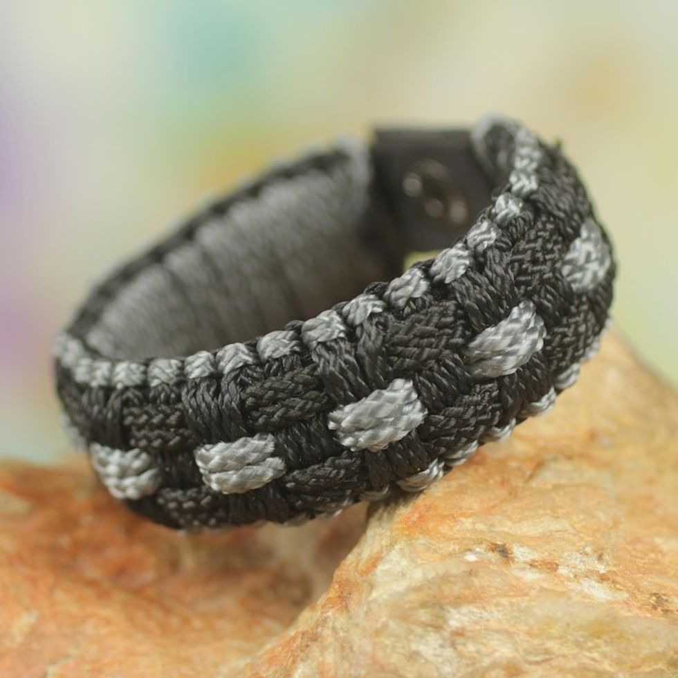Artisan Crafted Cord Wristband Bracelet in Black and Grey 'Mankessim in Shadows'