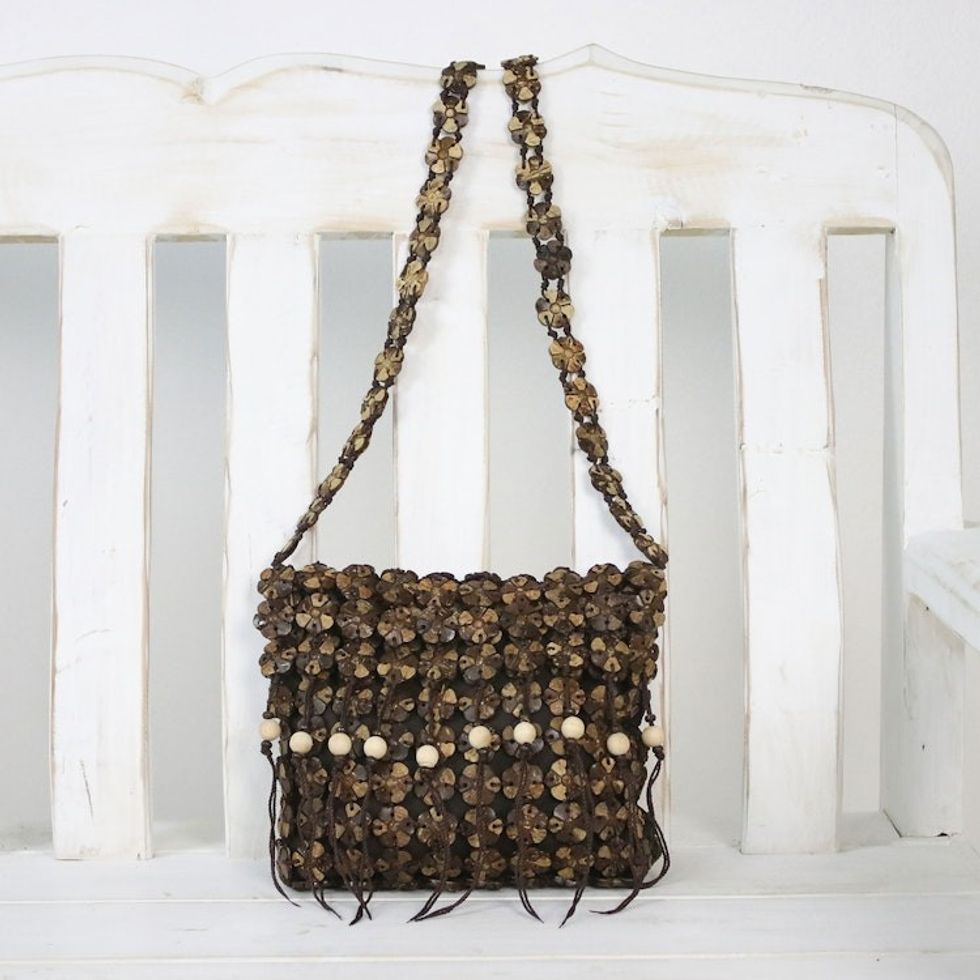 Handcrafted Espresso Brown Coconut Shell Flower Sling 'Shell Chic'