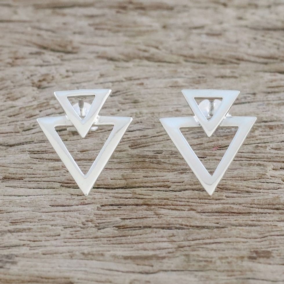 Sterling Silver Triangles Button Earrings from Thailand 'Trendy Triangles'