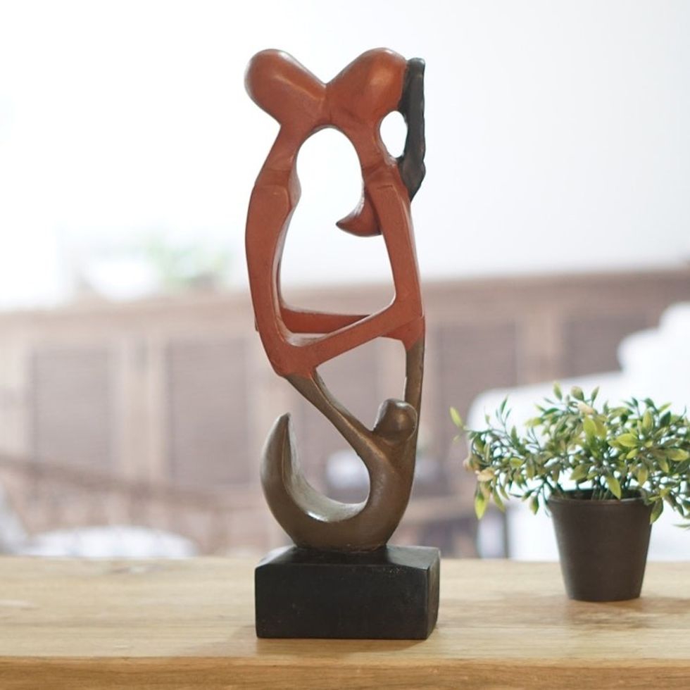 Artisan Handmade African Sese Wood Sculpture Lovers Kissing 'Soyaya'