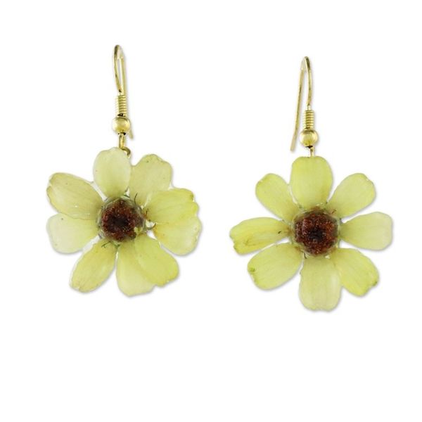 Alternate image for Resin Coated Natural Zinnia Dangle Earrings from Thailand Yellow Summertime Zinnia
