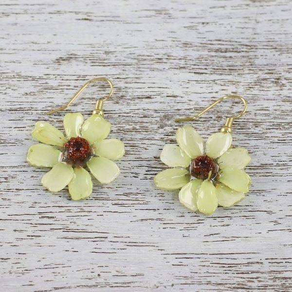 Alternate image for Resin Coated Natural Zinnia Dangle Earrings from Thailand Yellow Summertime Zinnia