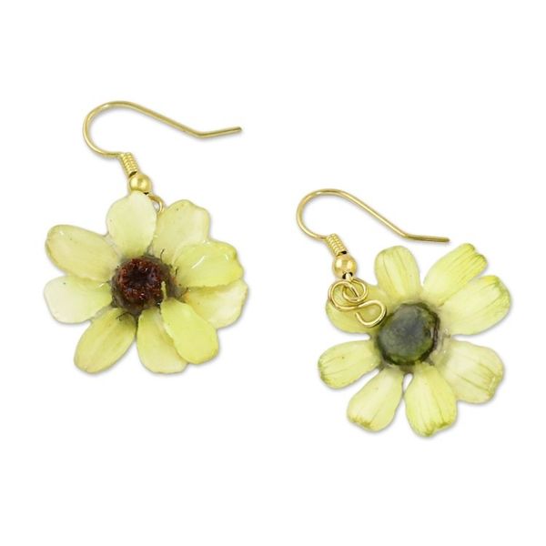 Alternate image for Resin Coated Natural Zinnia Dangle Earrings from Thailand Yellow Summertime Zinnia