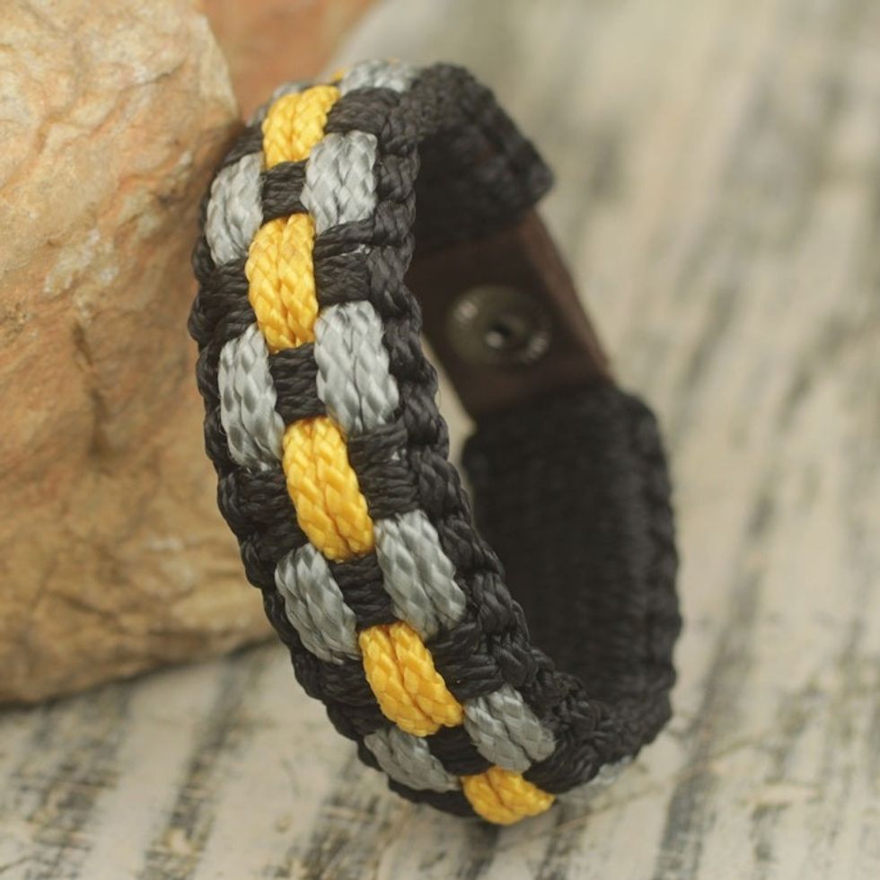 Hand Made Cord Bracelet for Men in Black, Gray and Yellow 'Black Beauty'