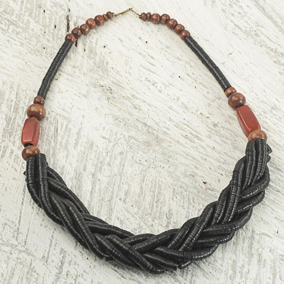 Handcrafted Black Braided Bead Necklace with Wood and Agate 'Sosongo in Black'