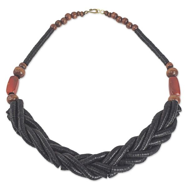 Alternate image for Handcrafted Black Braided Bead Necklace with Wood and Agate Sosongo in Black