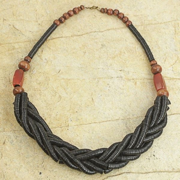Alternate image for Handcrafted Black Braided Bead Necklace with Wood and Agate Sosongo in Black