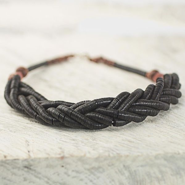 Alternate image for Handcrafted Black Braided Bead Necklace with Wood and Agate Sosongo in Black