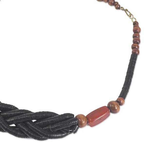 Alternate image for Handcrafted Black Braided Bead Necklace with Wood and Agate Sosongo in Black