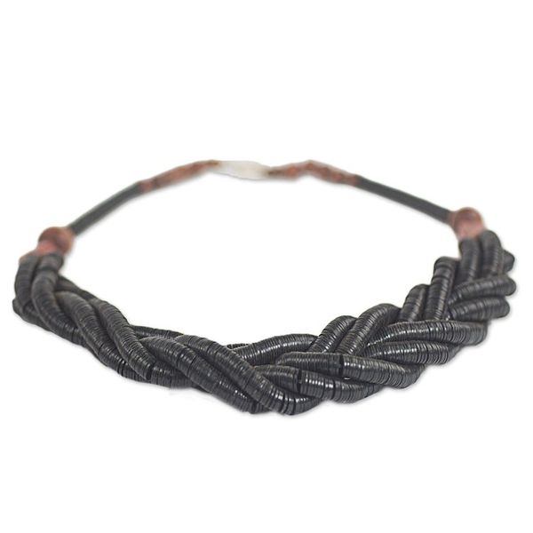 Alternate image for Handcrafted Black Braided Bead Necklace with Wood and Agate Sosongo in Black
