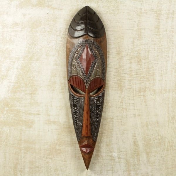 Alternate image for Artisan Hand Carved Authentic African Mask with Repousse Gods Work