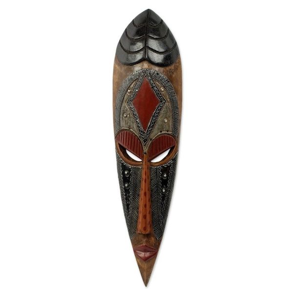 Alternate image for Artisan Hand Carved Authentic African Mask with Repousse Gods Work