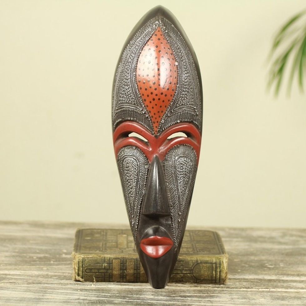 African Beauty Wall Mask in Embossed Aluminum on Wood 'Dzekpi'